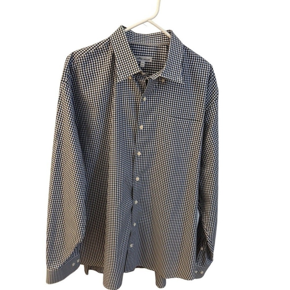 Peter Millar Men's Blue, Black & White Gingham Long Sleeve Button-Down Shirt XXL